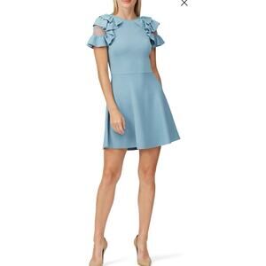 RED VALENTINO Blue Point D'esprit-trimmed Ruffle Stretch Knit Mini Dress size S